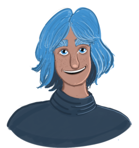 A digital painting of Yavari, a brown-skinned multiracial man with blue hair, freckles and blue eyes. He's smiling and wearing a dark-blue rollneck/turtleneck.